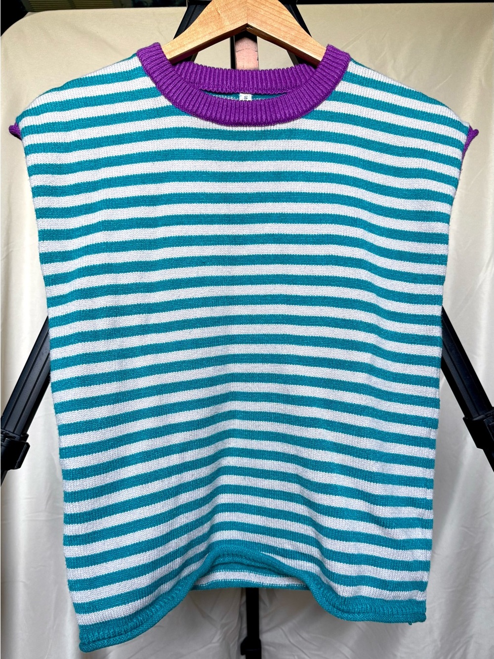 Striped Teal & White Knit Shell with Purple Neckline
